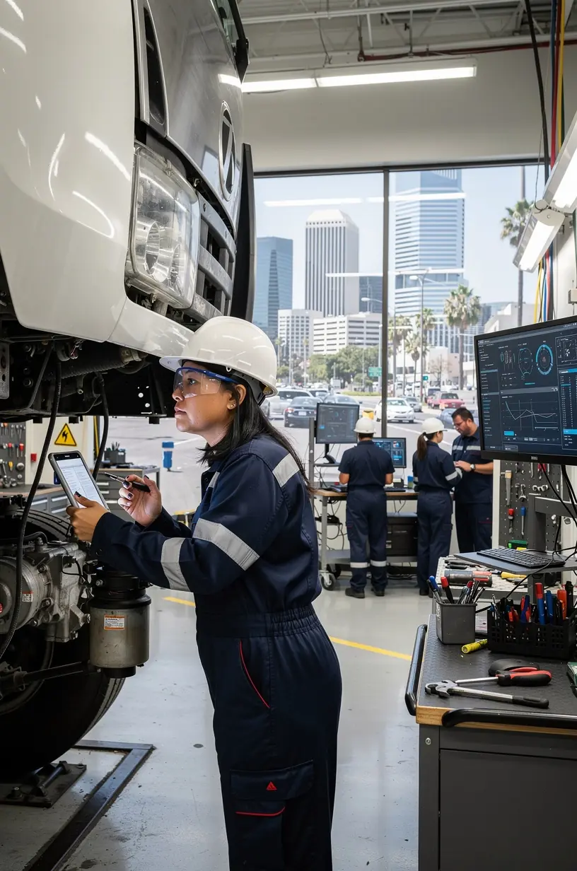 Fleet manager reviewing service schedules on a tablet with commercial vehicles in the background