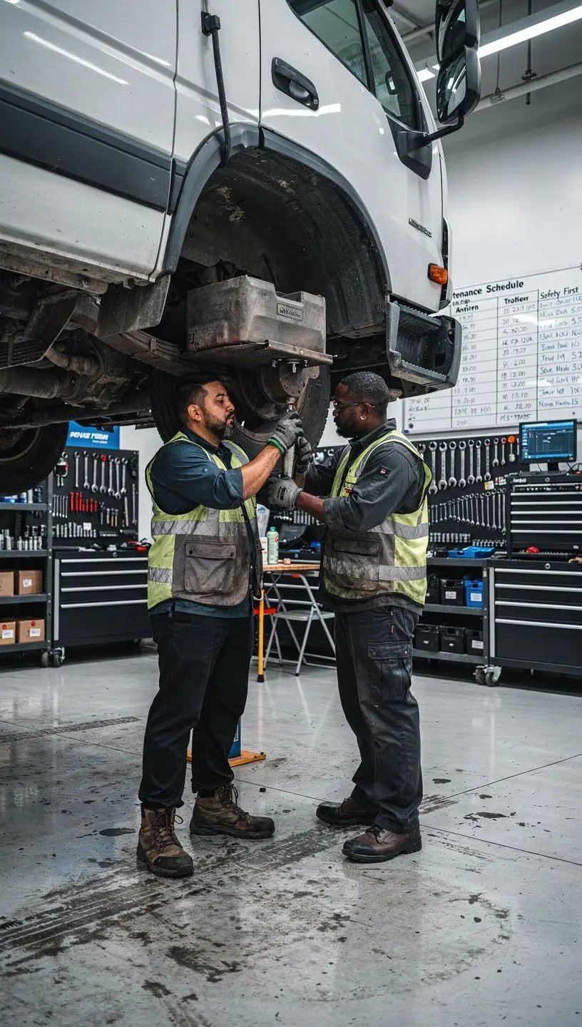 Close-up of a mechanic inspecting heavy-duty truck tires at a Los Angeles Cedar maintenance facility